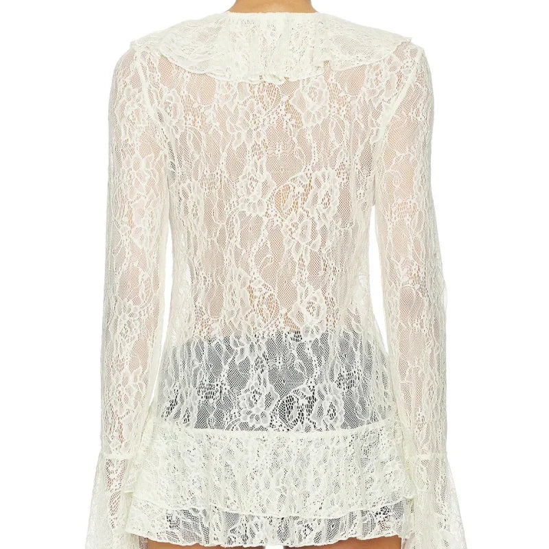Lace ruffle tie front top, back view