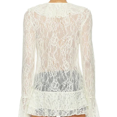 Lace ruffle tie front top, back view