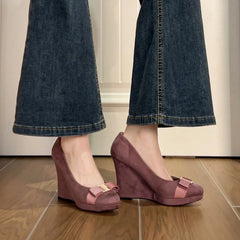 Pu Bow Platform Wedge Pumps