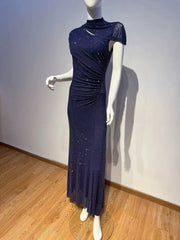 High Neck Cut-out Sequin Mid-Calf Dress