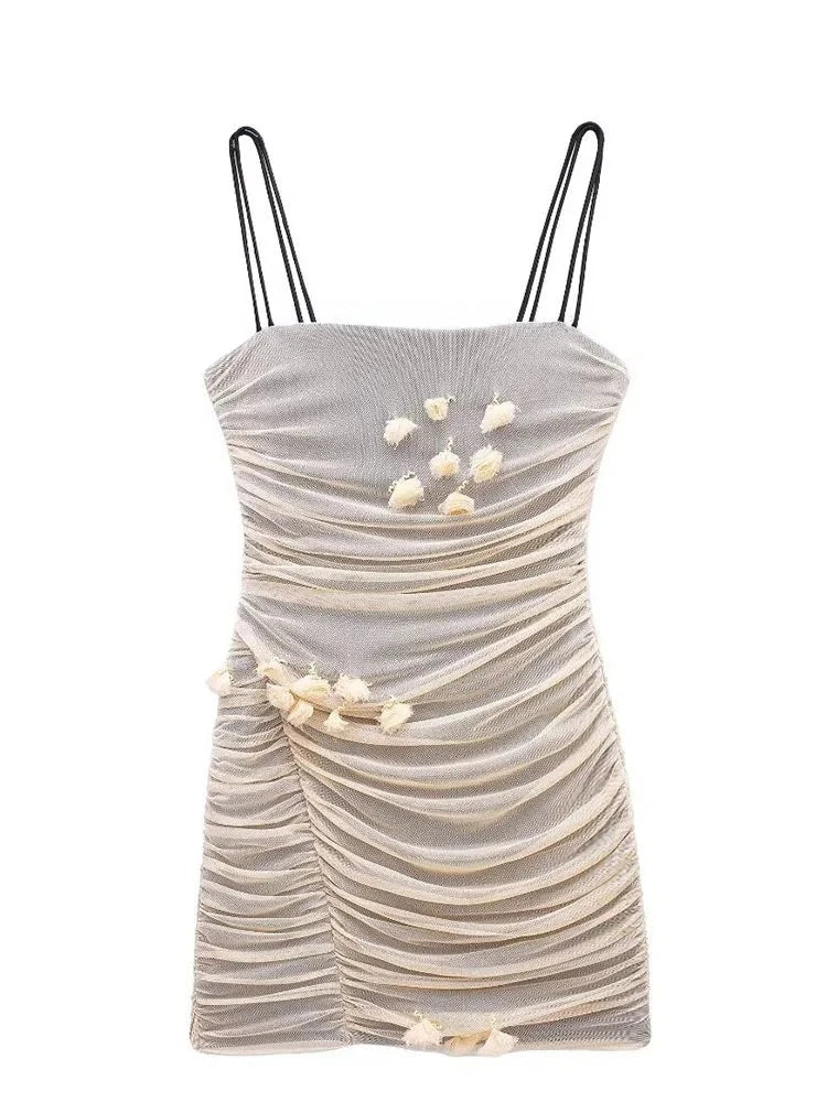 3D Floral Mesh Sleeveless Folds Decoration Sling Mini Dress