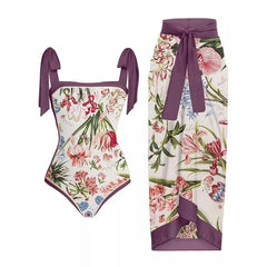 Floral Print Tie-Strap Bikini and Sarong Set