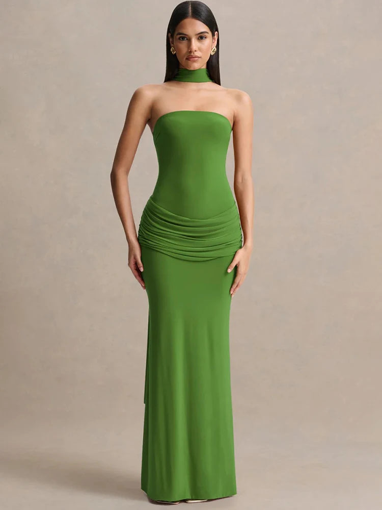 Strapless maxi dress with choker neck
