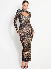 Leopard print high neck maxi dress with cutout