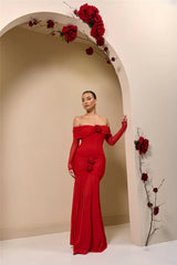Off-Shoulder Rose Ruched Bodycon Maxi Dress