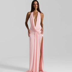 Halter Deep V-Neck Draped Maxi Dress