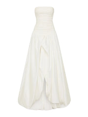 White strapless gown on a white background