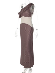 Brown Polka Dot One Shoulder Maxi Dress