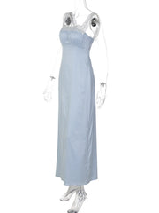 Lace Trim Square Neck Satin Maxi Dress