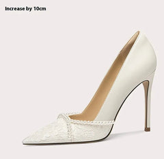 White high-heeled shoe with lace detail on a light gray background