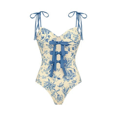 Blue Floral Print Swimsuit and Skirt Beachwear Set