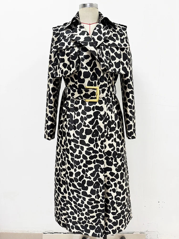 Leopard print belted trench coat on a mannequin, front view