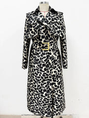 Leopard print belted trench coat on a mannequin, front view