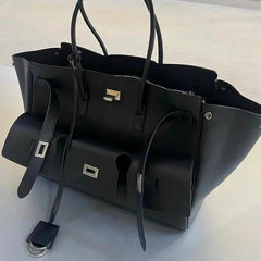 Structured PU Leather Tote Bag with Buckle Pockets – Modern Luxe Edit