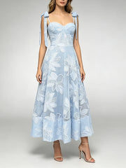 Bow-Tie Shoulder Square Neck A-Line Midi Dress