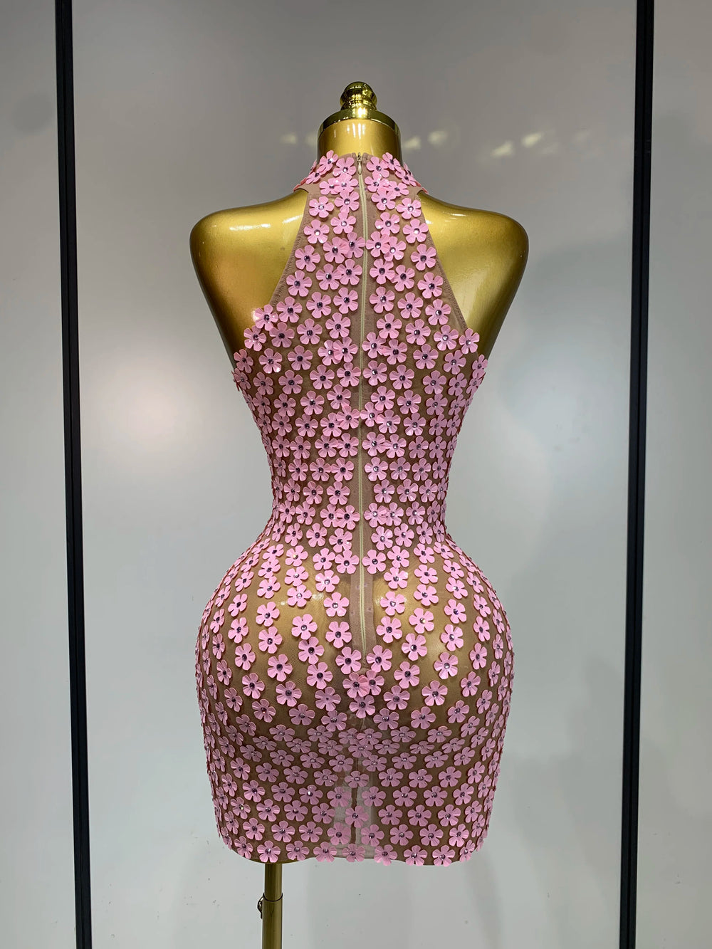 Floral halter mini dress detail view
