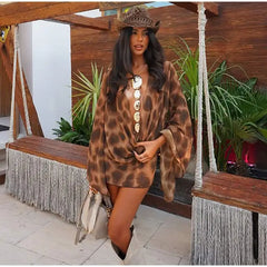 Leopard Cowl Collar Digital Print Mini Dress – Beach Vacation