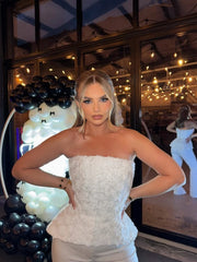 Structured Strapless 3D Floral Top and Wide Leg Pants Set