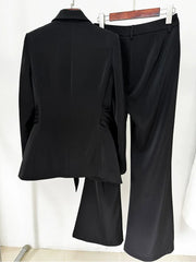 Belted Blazer and Flared Trousers Suit