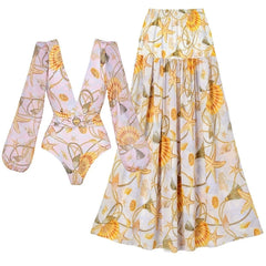 Balloon Sleeve Square Neck Cutout Bodysuit and Print Maxi Skirt Set