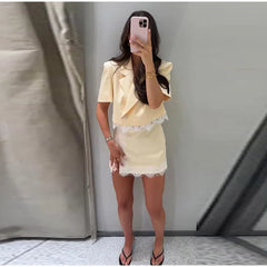 Yellow Crop Lace Trimmed Blazer and Skirt Suit