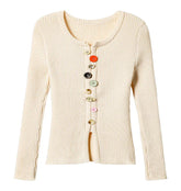 Ribbed crew neck button front knit top