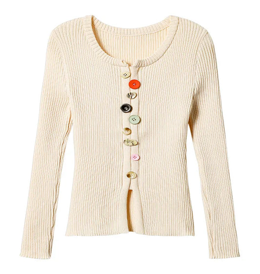Ribbed crew neck button front knit top