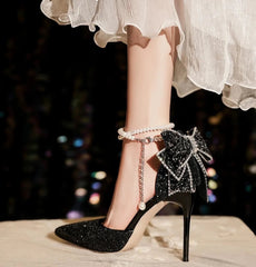 Sequin Bow Pointed Heels | Elegant French Pearl-Lined Slip-Ons