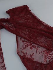 Burgundy Sheer High Neck Draped Lace Maxi Dress