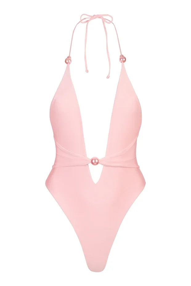 Pink halter neckline swimwear set with pearl accents