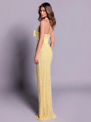Yellow Halter Bow Beaded Sheath Maxi Dress