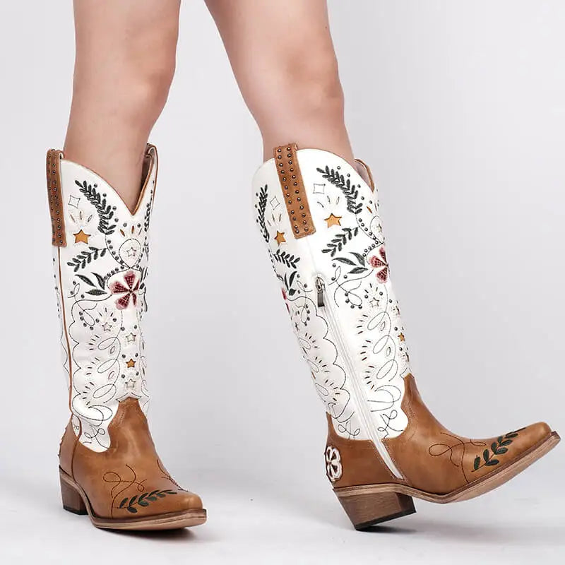 Embroidery pointed toe western boots with chunky heel