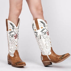Embroidery pointed toe western boots with chunky heel