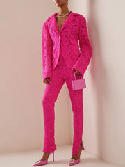 Rose pink Guipure lace blazer and pencil pants suit worn by a model