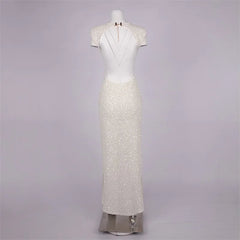 White Sequined Backless Gown Dress