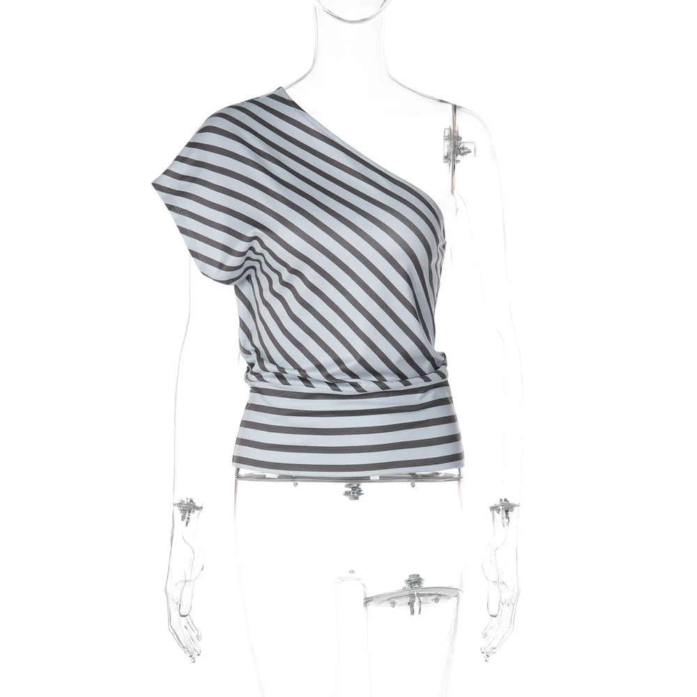 Striped one-shoulder top on a mannequin against a white background