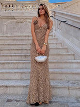 Brown dotted V-neck maxi dress with slim straps