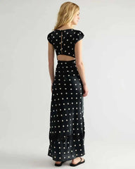 Satin Polka Dot Cap Sleeve Maxi Dress