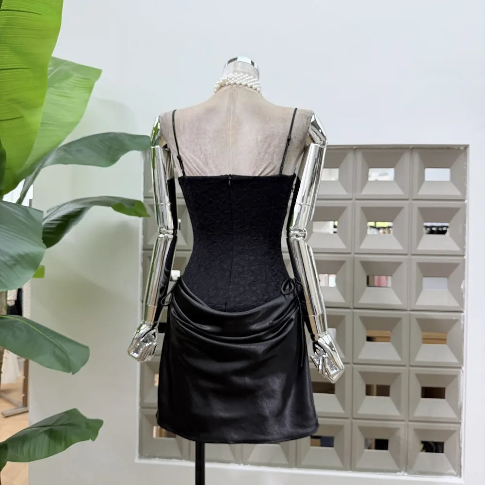 Black floral lace mini dress back view