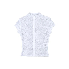 Cropped Lace Zip-Front Top with Short Sleeves