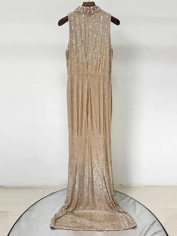 Sleeveless beaded sequin floor length gown on hanger