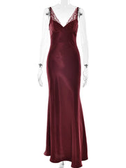 Spaghetti Strap V-Neck Lace Trim Satin Maxi Dress