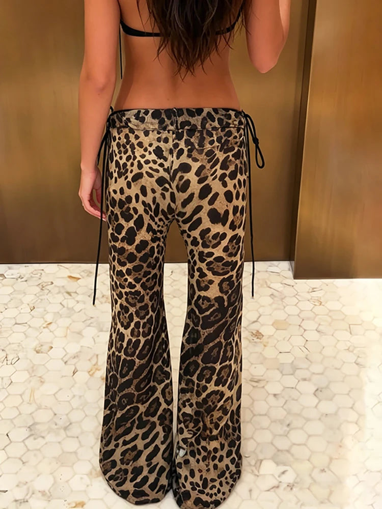 Leopard print wide leg pants back view