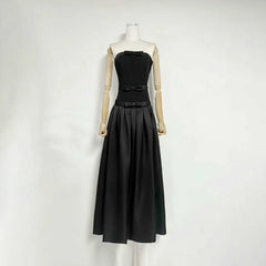 Black Strapless Bow Detail Pleated Maxi Dress
