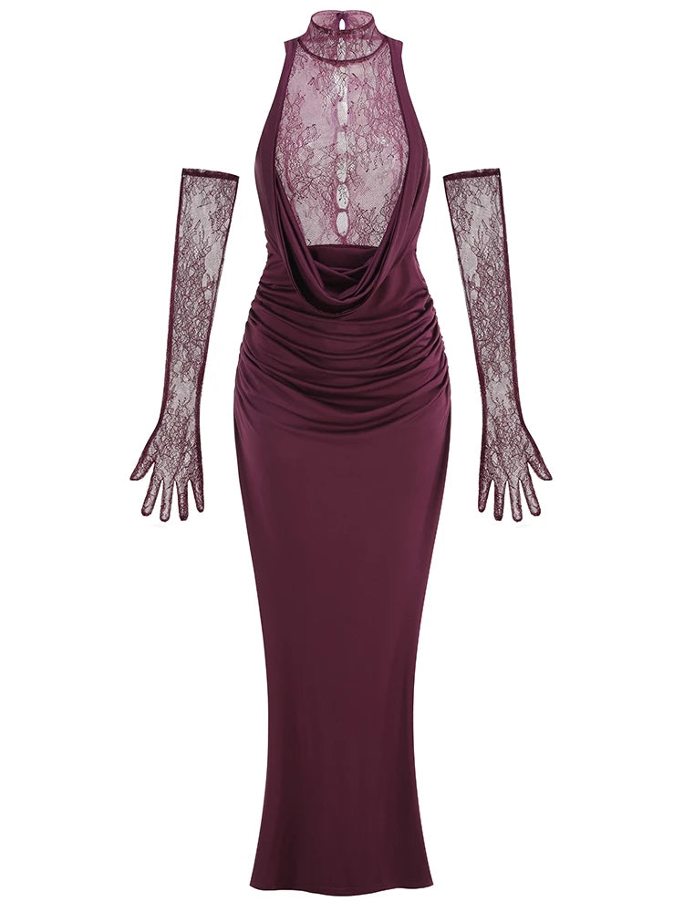 Mauve evening gown with lace gloves on a white background