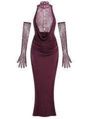 Mauve evening gown with lace gloves on a white background