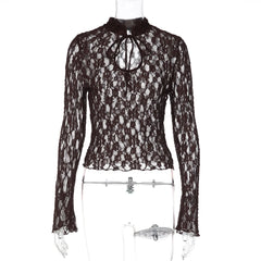 Sheer Keyhole Lace Long Sleeve Top