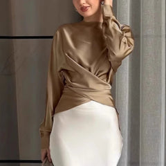 Gold Satin Round Neck Long Sleeve Bandage Design Blouse