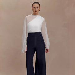 Asymmetrical draped cape sleeve blouse with sheer overlay full body front