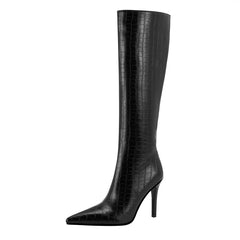 Pointed Toe Stone Pattern Knee High Boots